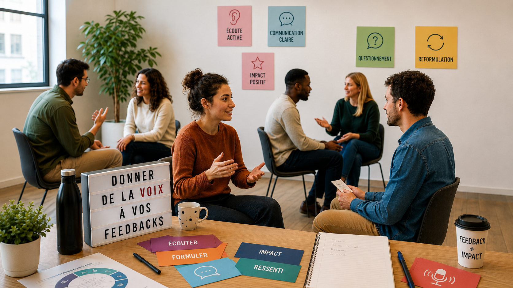 Groupe en atelier travaillant l'écoute active, la communication claire et l'impact positif des feedbacks